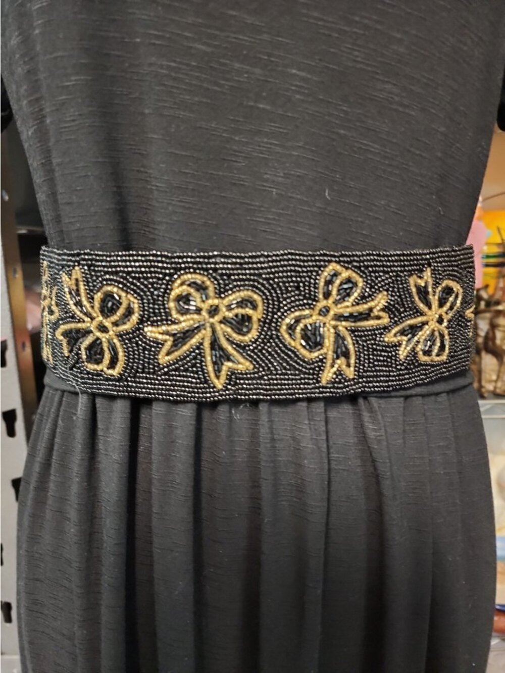 Vintage NWT Talbots Black Beaded Belt Medium Gold Bows Fits 30" Waist